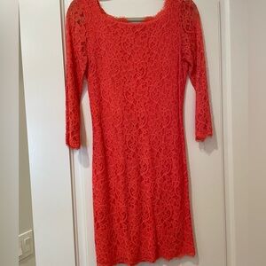 DVF. Color - Coral. 3/4 length sleeve. Lace Mini Dress.  Size - 6.